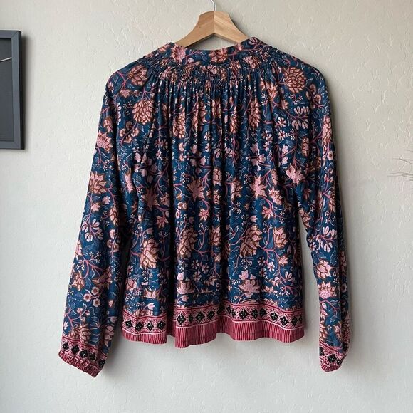 Nat by Natalie Martin Blue Floral Print Tassel Peasant Blouse Size Small - Picture 6 of 8